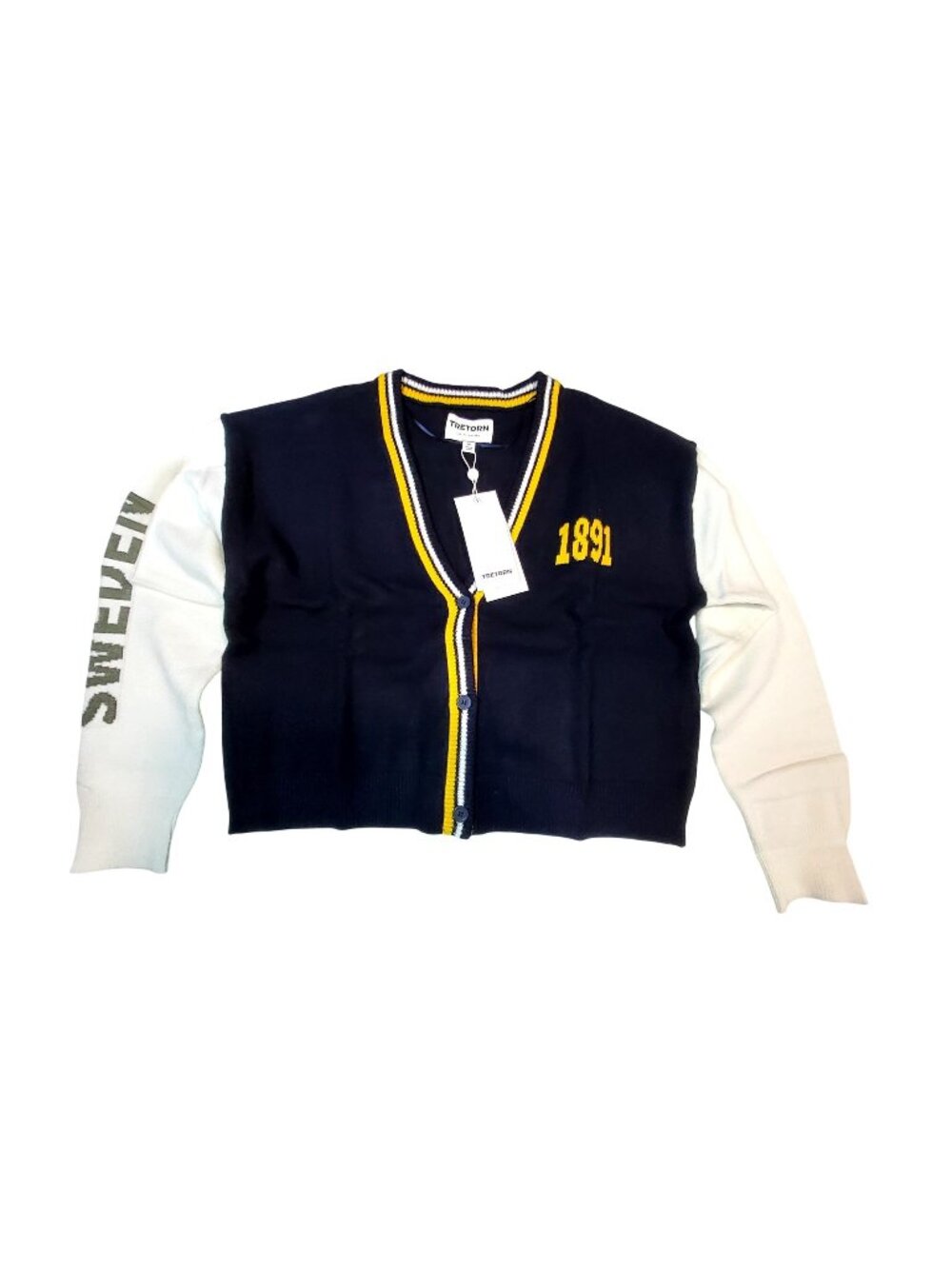 Tretorn Navy & White Varsity Style Cardigan With Yellow Stripe Accents Medium